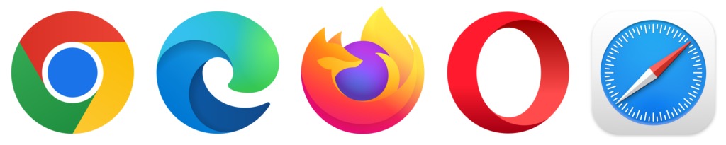 Loga pięciu popularnych przeglądarek internetowych: Google Chrome, Microsoft Edge, Mozilla Firefox, Opera i Apple Safari, wyświetlane w rzędzie na białym tle.