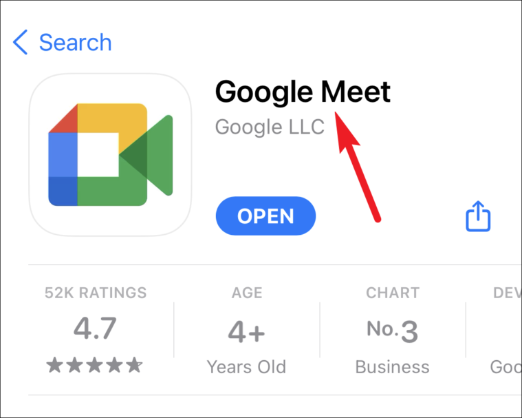 Zrzut ekranu strony aplikacji Google Meet w sklepie cyfrowym. Ikona przypominająca aparat fotograficzny z zielonymi, czerwonymi, żółtymi i niebieskimi odcieniami świeci jasno. Posiadając ocenę 4,7 gwiazdki i jest odpowiednia dla osób w wieku 4+, zajmuje 3. miejsce w kategorii Biznes.