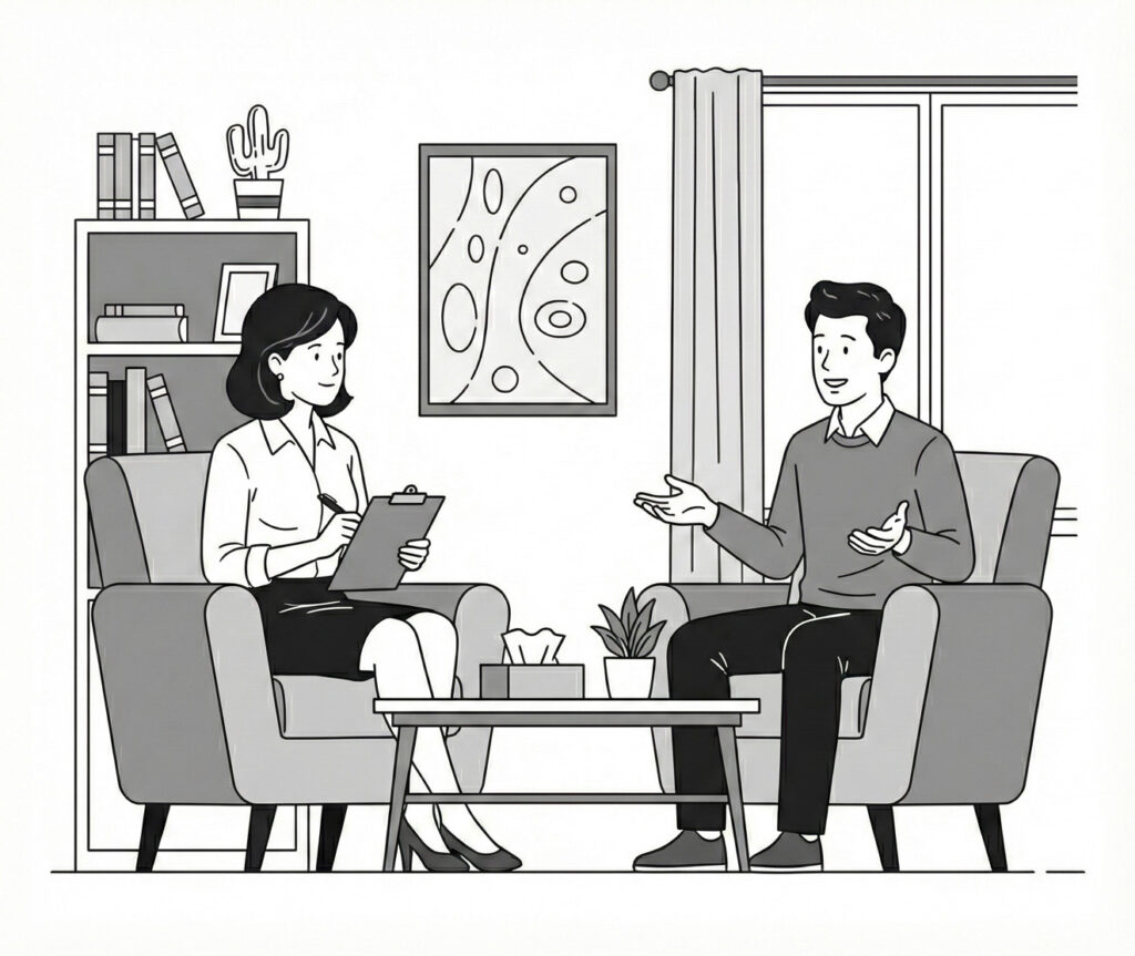 Kobieta z notesem uważnie słucha mężczyzny, siedząc w fotelach w przytulnym gabinecie terapeutycznym, otoczonym półką z książkami, stolikiem kawowym i oknem z zasłonami.