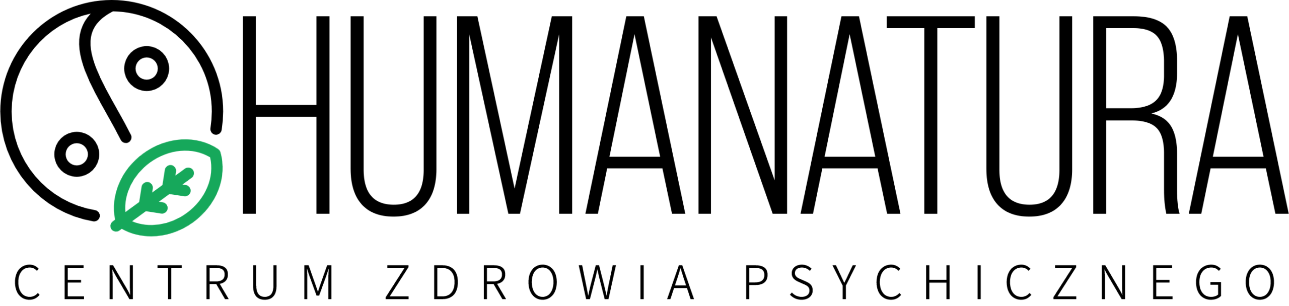 Logo dla Humanatura Centrum Zdrowia Psychicznego, zawierające symbol yin-yang z zielonym liściem na przezroczystym tle, nazwę organizacji "humanatura" pogrubioną czarną czcionką oraz napis mniejszą czcionką poniżej.